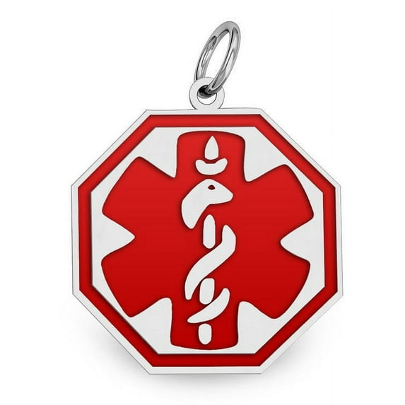 14K White Gold Octagon Medical Charm W/ Red Enamel - 1/2 Inch X 1/2 Inch (very Small)