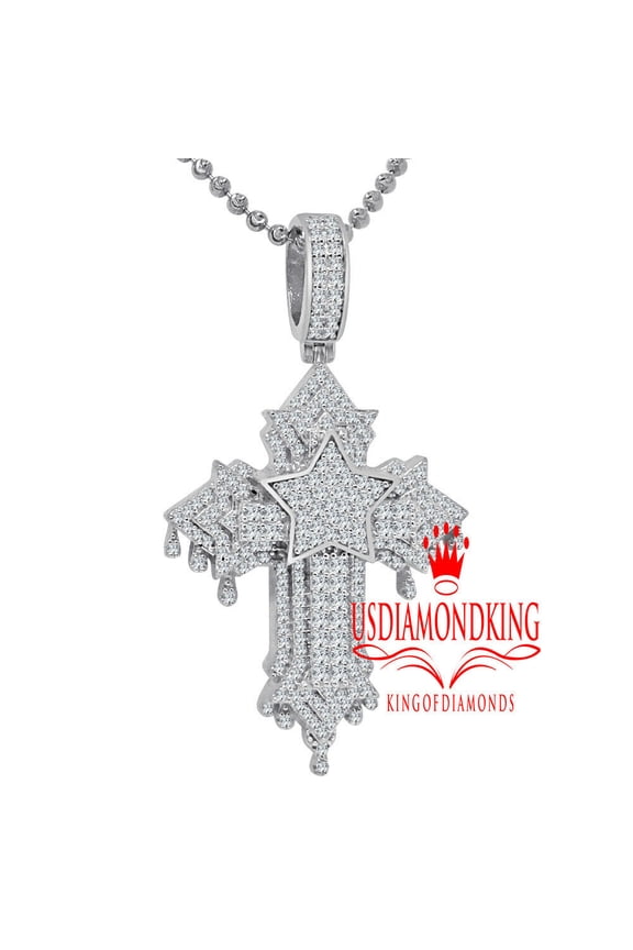 14K White Gold On Silver Lab Diamond Dripping Jesus Cross Pendent Charm + Chain