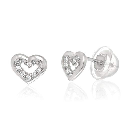 JewelStop 14K White Gold Open Heart CZ Stud Earrings Cubic Zirconia With Screw Silicon Back