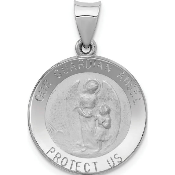 14K White Gold Our Guardian Angel Medal Hollow Pendant (27 X 18.5) Made In United States xr1280
