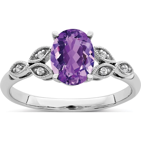 Jewelry by Sweet Pea 14K White Gold 8x6mm Oval Amethyst and Diamond Leaves Ring