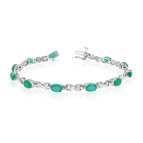 14K White Gold Oval Emerald and Diamond Bracelet