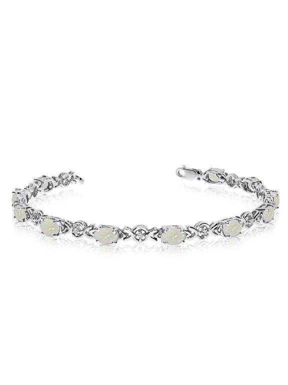 14K White Gold Oval Opal and Diamond Bracelet
