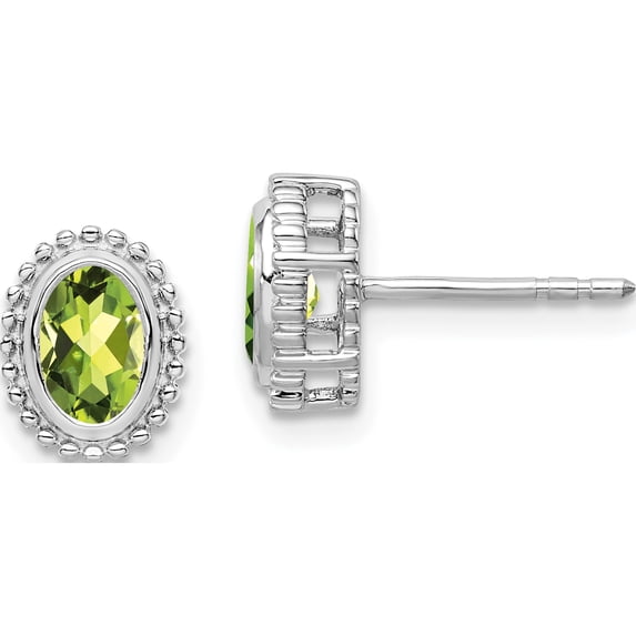 14K White Gold Oval Peridot Post Earrings (Width 7) (Length 9) - Jbsp