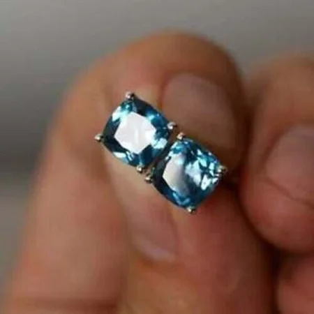 14K White Gold Over 2.00Ct Cushion Cut Blue Topaz Women Solitaire Stud Earrings