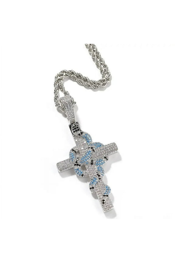14K White Gold Over Finish Simulated Diamond Iced Out Holy Jesus Christ Crucifix Cross Cobra Snake Custom Charm Pendant Necklace, Gift