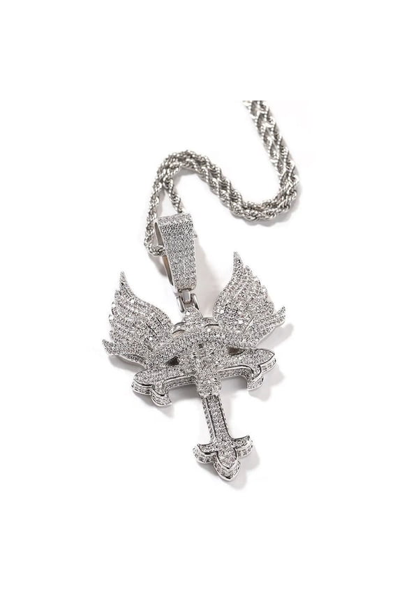14K White Gold Over Finish Simulated Diamond Iced Out Holy Jesus Christ Crucifix Cross Flying Wings Angel Charm Pendant Necklace