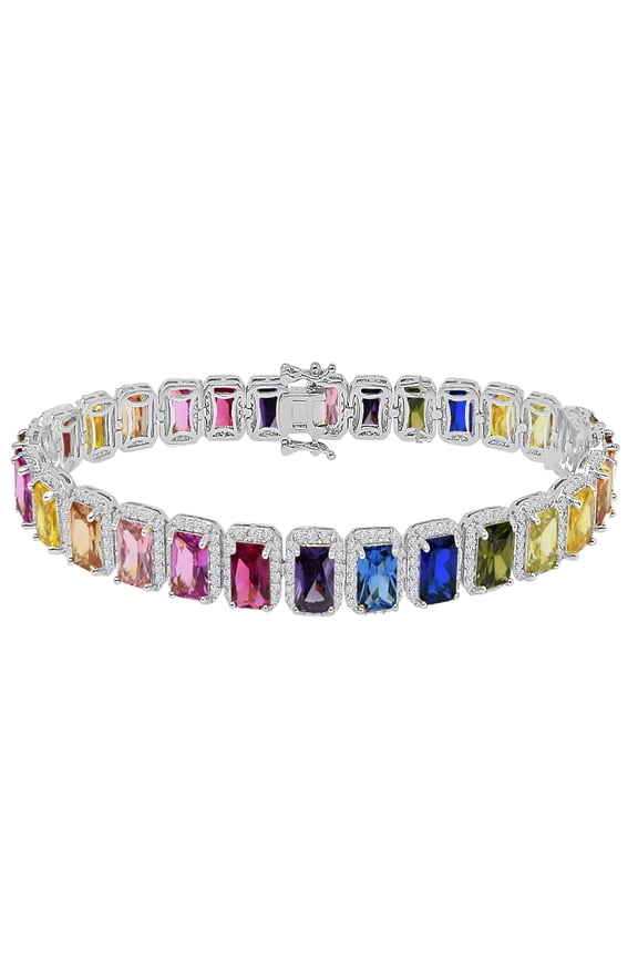 14K White Gold Over Rainbow Multi Tone 6.00 Cwt. Simulated Diamonds Solitaire Men's Ladies Bracelet 10mm / 8.5 Inch