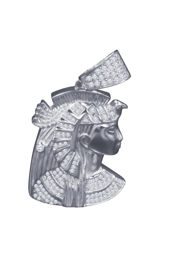 14K White Gold Over Real Sterling Silver Egyptian Queen Nefertiti Simulated Diamond Pharaoh Charm Pendant