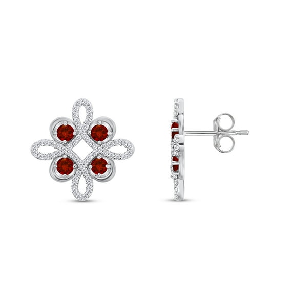 AFFY 14K White Gold Over Sterling Silver Round Cut Simulated Garnet & 1/4 Carat Natural Diamond Stud Earrings (0.25 Cttw, I2-I3 Clarity)