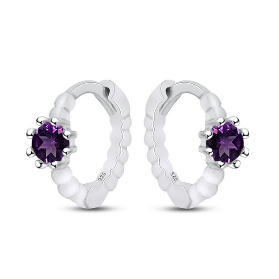 AFFY 14K White Gold Over Sterling Silver Round Simulated Amethyst Solitaire Vintage Hoop Earrings For Women