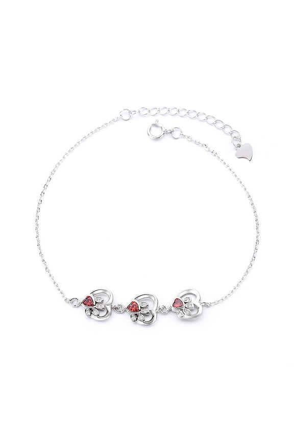 Garnet Gemstones Paw Print Hearts (Animal Lovers) Bracelet in 14K White Gold Plated