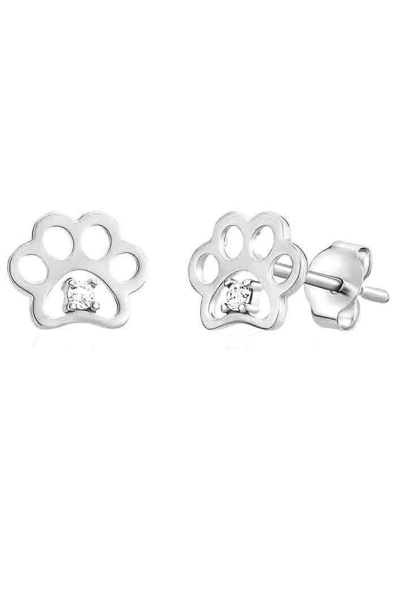 14K White Gold Paw Stud Earring Animal Dog or Cat, Real Gold Studs
