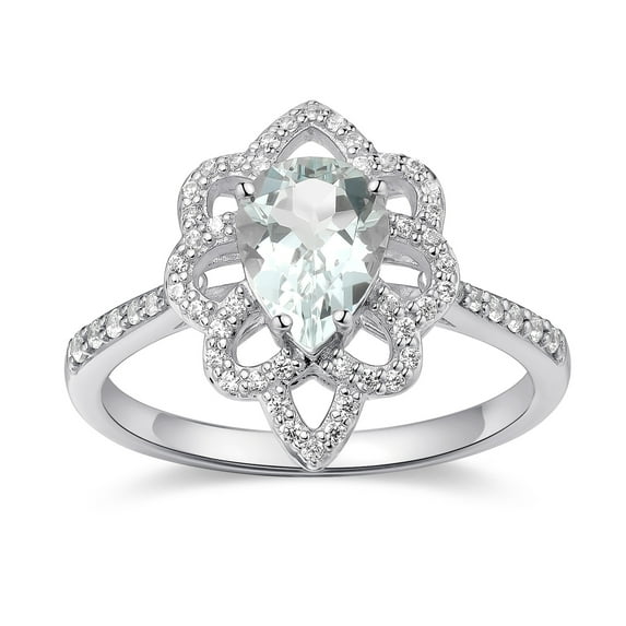 14K White Gold Pear Shape Created Aquamarine Cubic Zirconia Hollow Flower Engagement Ring