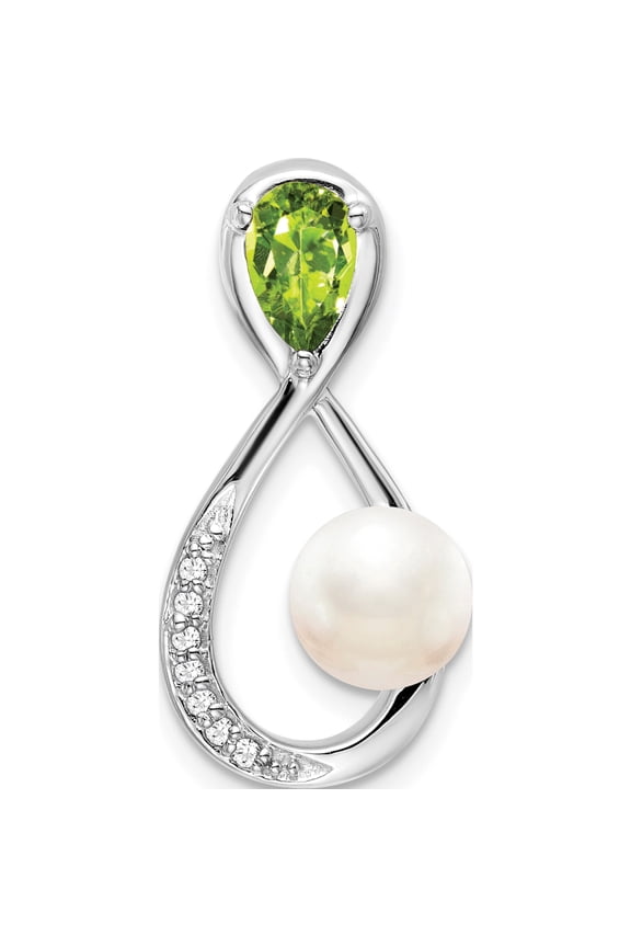 14K White Gold 6x4mm Pear Peridot/Freshwater Cultured Pearl/Diamond Infinity Chain Slide