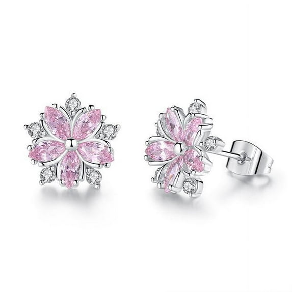 14K White Gold Plated Pink Sapphire Flower Earrings