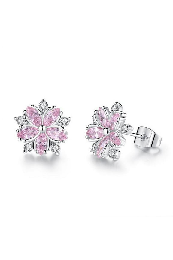 14K White Gold Plated Pink Sapphire Flower Earrings