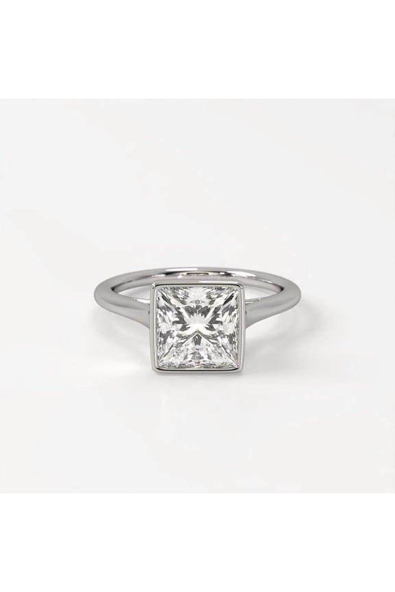 14K White Gold Plated 1.5 CT Moissanite Princess Cut Bezel Set Cathedral Solitaire Engagement Ring