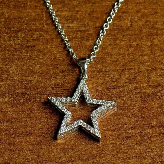 14K White Gold Plated 1Ct Lab Created Diamond Star Pendant 18'' Free Chain