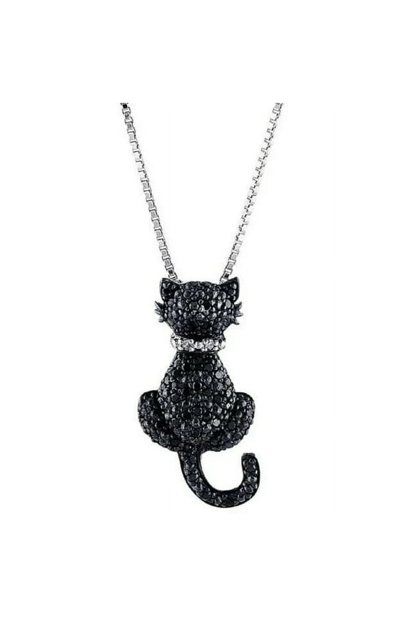 14K White Gold Plated 1Ct Round Cut Lab Created Black Diamond Cat Pendant Necklace