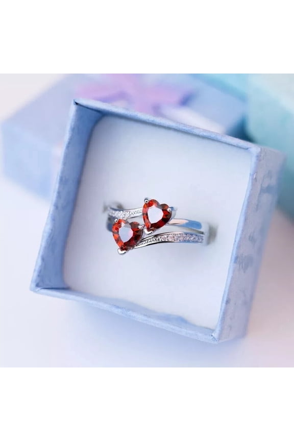14K White Gold Plated 2.00Ct Heart Cut Simulated Red Ruby Diamond Women's Double Heart Wedding Ring Silver