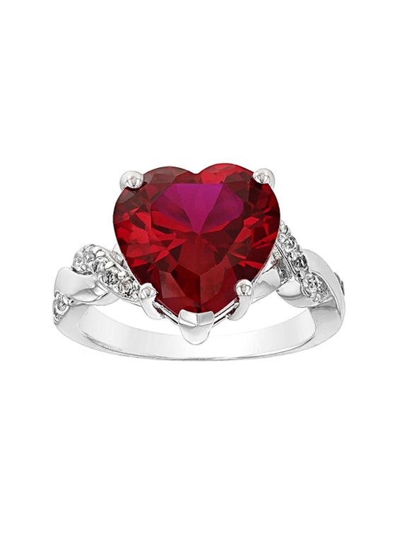 14K White Gold Plated 2.20Ct Heart Cut Lab-Created Ruby Solitaire Engagement Ring, 925 Sterling Silver