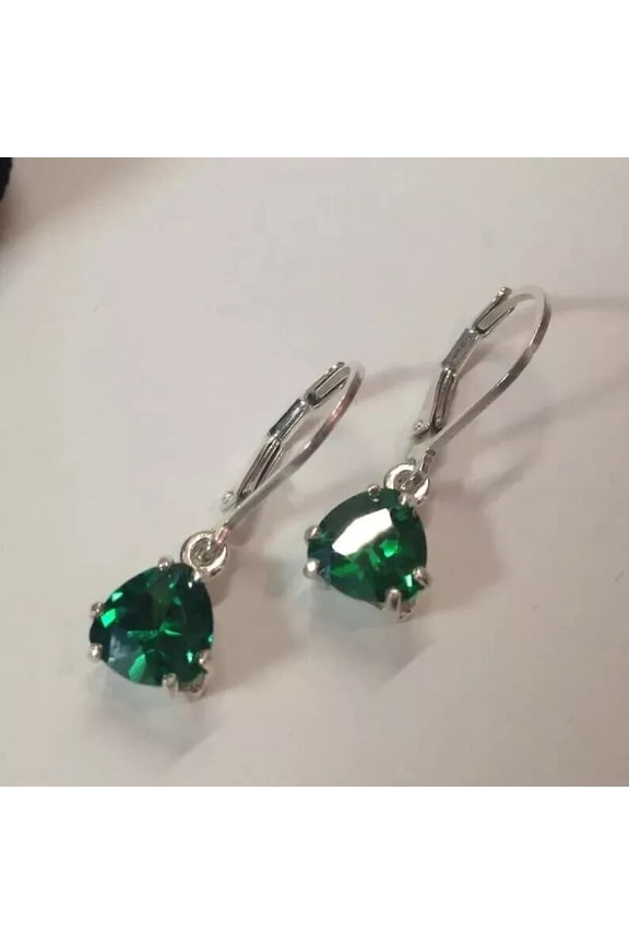 14K White Gold Plated 2CT Trillion Lab-Created Green Emerald Drop Dangle Earring