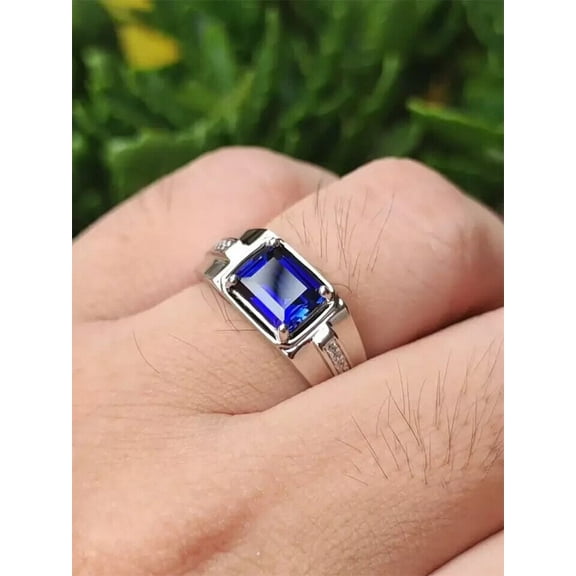 14K White Gold Plated 2Ct Emerald Cut Blue Sapphire Diamond Wedding Men's Ring