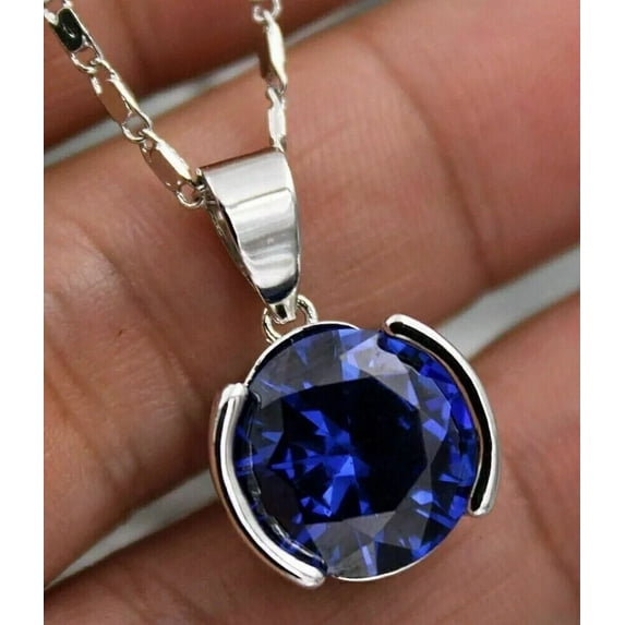 14K White Gold Plated 2Ct Round Blue Sapphire Solitaire Pretty Only Pendant