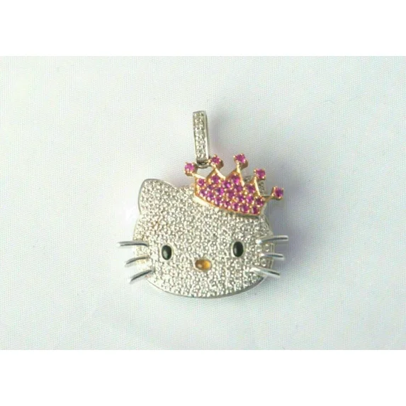 14K White Gold Plated 2Ct Round Cut Lab Created Diamond 'Hello Kitty' Pendant