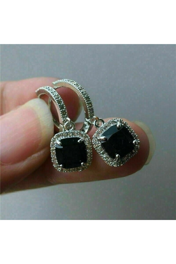 14K White Gold Plated 3.00CT Round Cut Lab Created Black Diamond Drop & Dangle Earrings For Women's