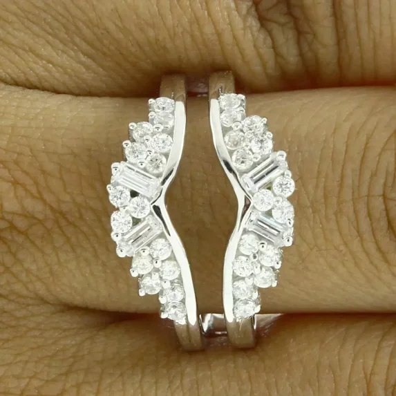 14K White Gold Plated 3 Ct Round Cut White Moissanite Wrap Enhancer Guard Ring