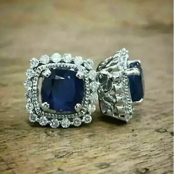 14K White Gold Plated 3Ct Cushion Cut Simulated Blue Sapphire Women's Weddings Halo Stud Earrings