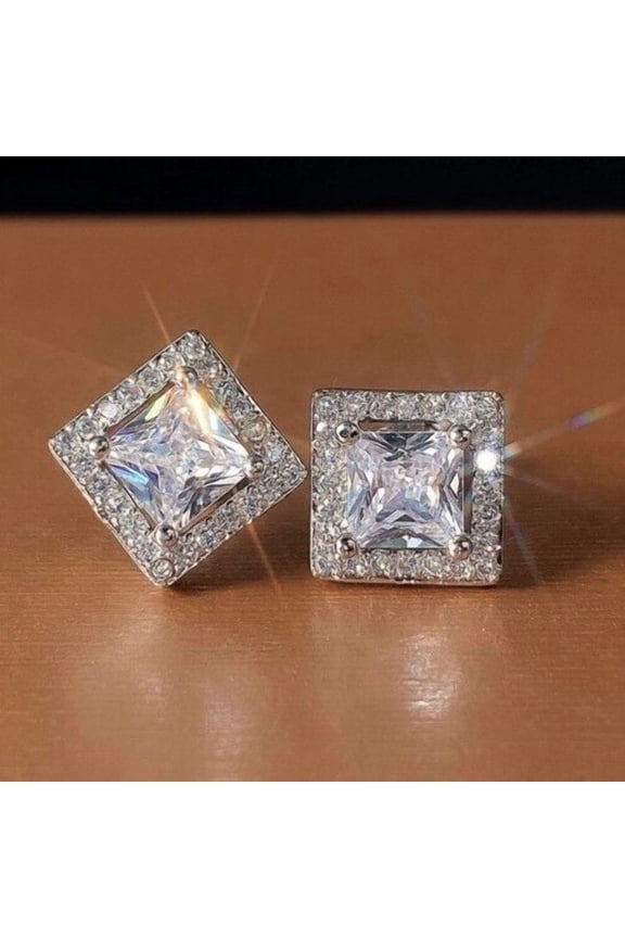 14K White Gold Plated 3Ct Princess Cut Lab Created White Diamond Square Shape Halo Engagement Women's Stud Earrings