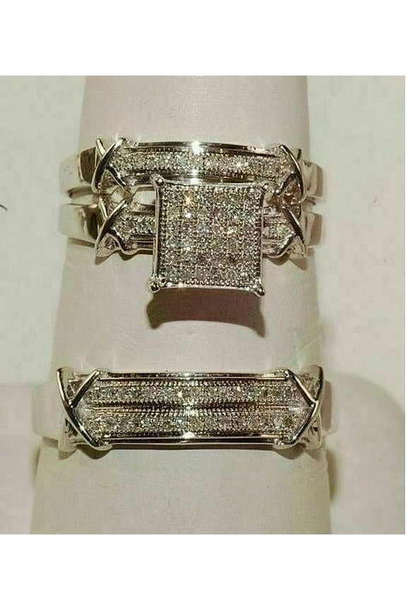 14K White Gold Plated 3Ct Round Cut Simulated Diamond His & Her Trio Engagement Ring Set