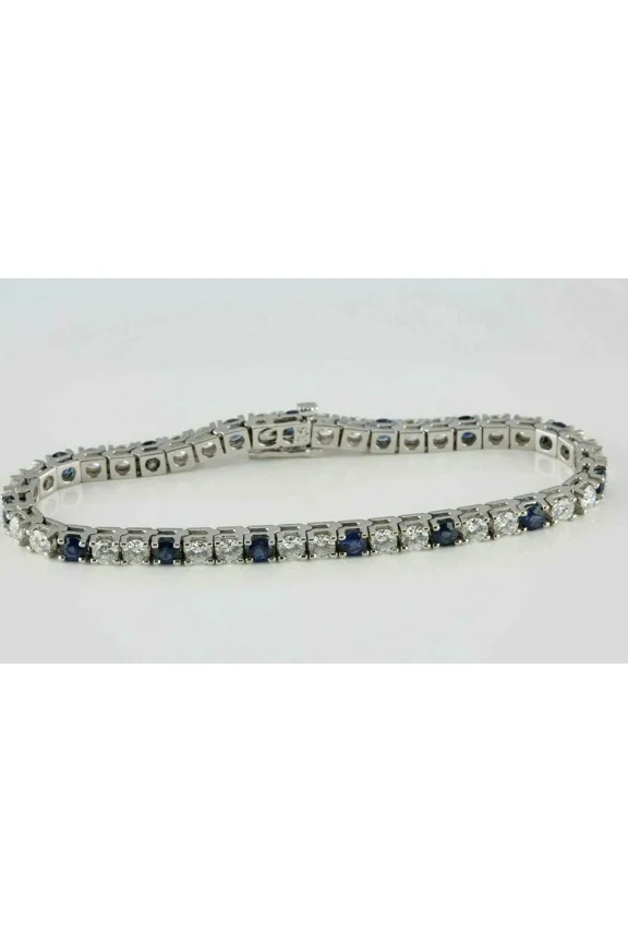 14K White Gold Plated 3MM 8Ct Round Cut Simulated Blue Sapphire And Diamond Tennis Link Bracelet 925 Sterling Silver 7"