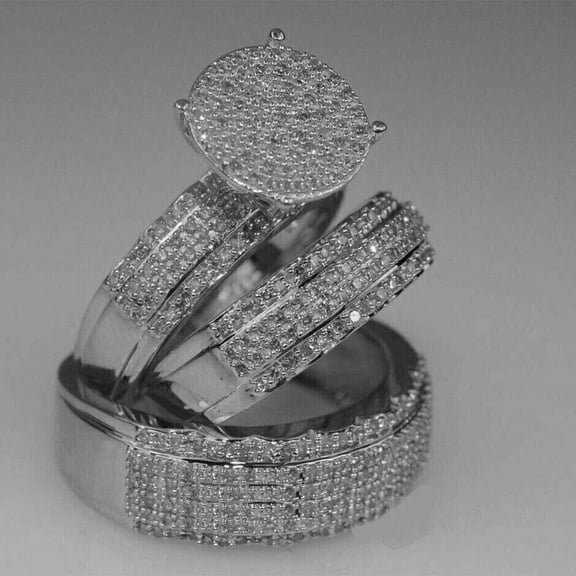14K White Gold Plated 3Pcs Trio Ring -3 Ct Lab Created Diamond His/Hers Wedding Set Trio Ring- Engagement Ring
