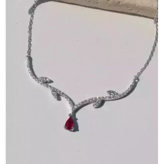 14K White Gold Plated 4Ct Pear Cut Lab-Created Red Ruby Women's Beauty Necklace