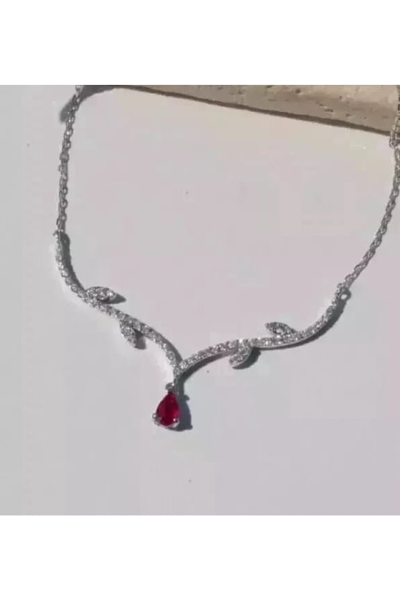 14K White Gold Plated 4Ct Pear Cut Lab-Created Red Ruby Women's Beauty Necklace