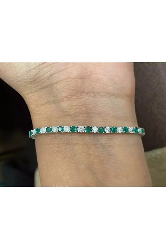 14K White Gold Plated 4MM 9Ct Round Lab-Created Green Emerald Diamond Tennis Bracelet`7" Fot Valentine Day Gift For Her