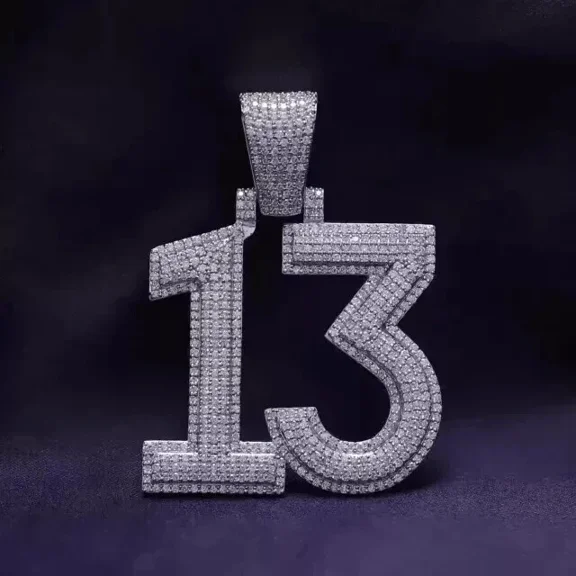 14K White Gold Plated 4TCW Round Cut Lab Created White Diamond Customize Number Pendant 2 inch