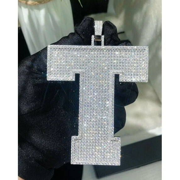 14K White Gold Plated 4TCW Round Cut White Moissanite Letter "T" Men's Pendant 2 inch
