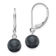 thumbnail image 1 of 14K White Gold Plated 7-7.5mm Black Round FWC Pearl Leverback Dangle Earrings, 1 of 7