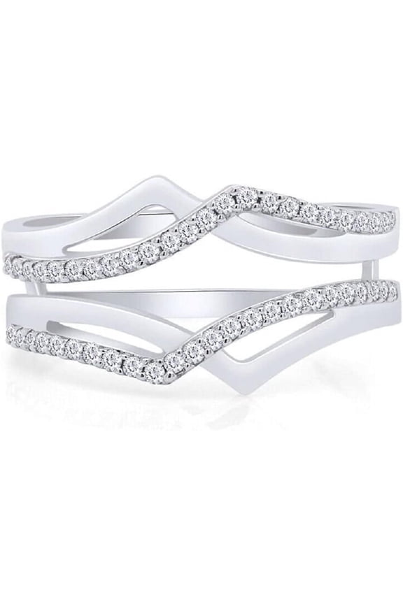 14K White Gold Plated 925 Sterling Silver Criss Cross Infinity Guard Enhancer Ring Round Cut White Moissanite Diamond