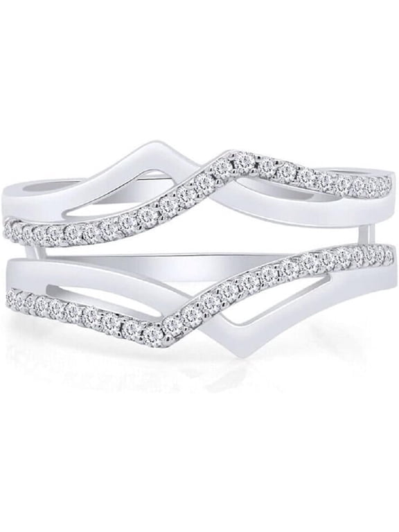 14K White Gold Plated 925 Sterling Silver Criss Cross Infinity Guard Enhancer Ring Round Cut White Moissanite Diamond