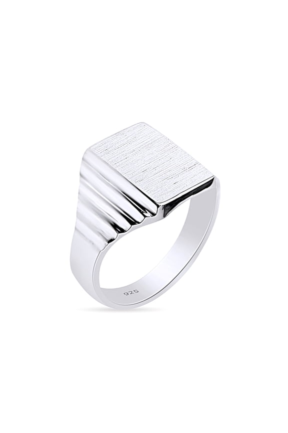 14K White Gold Plated 925 Sterling Silver Mens Signet Ring Engravable Monogram, Ring Size -14