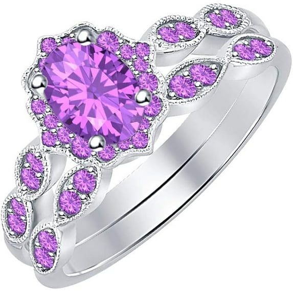 14K White Gold-Plated 925 Sterling Silver Oval Shape Amethyst Vintage Style Wedding Engagement Bridal Ring Set For Womens