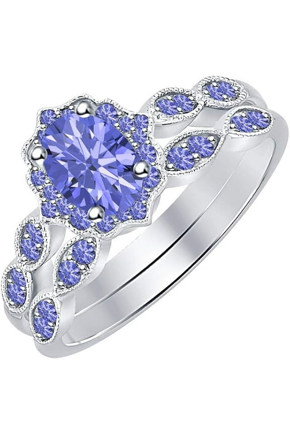 14K White Gold-Plated 925 Sterling Silver Oval Shape Tanzanite Vintage Style Wedding Engagement Bridal Ring Set For Womens