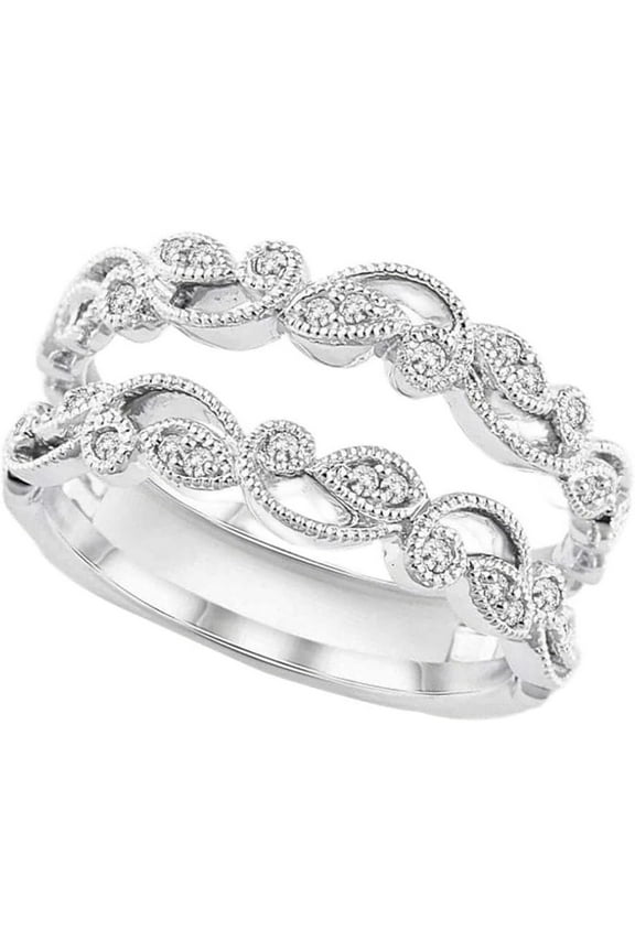 14K White Gold Plated 925 Sterling Silver Round Cut White Moissanite Diamond Filigree Enhancer Guard Wrap Ring for Women's