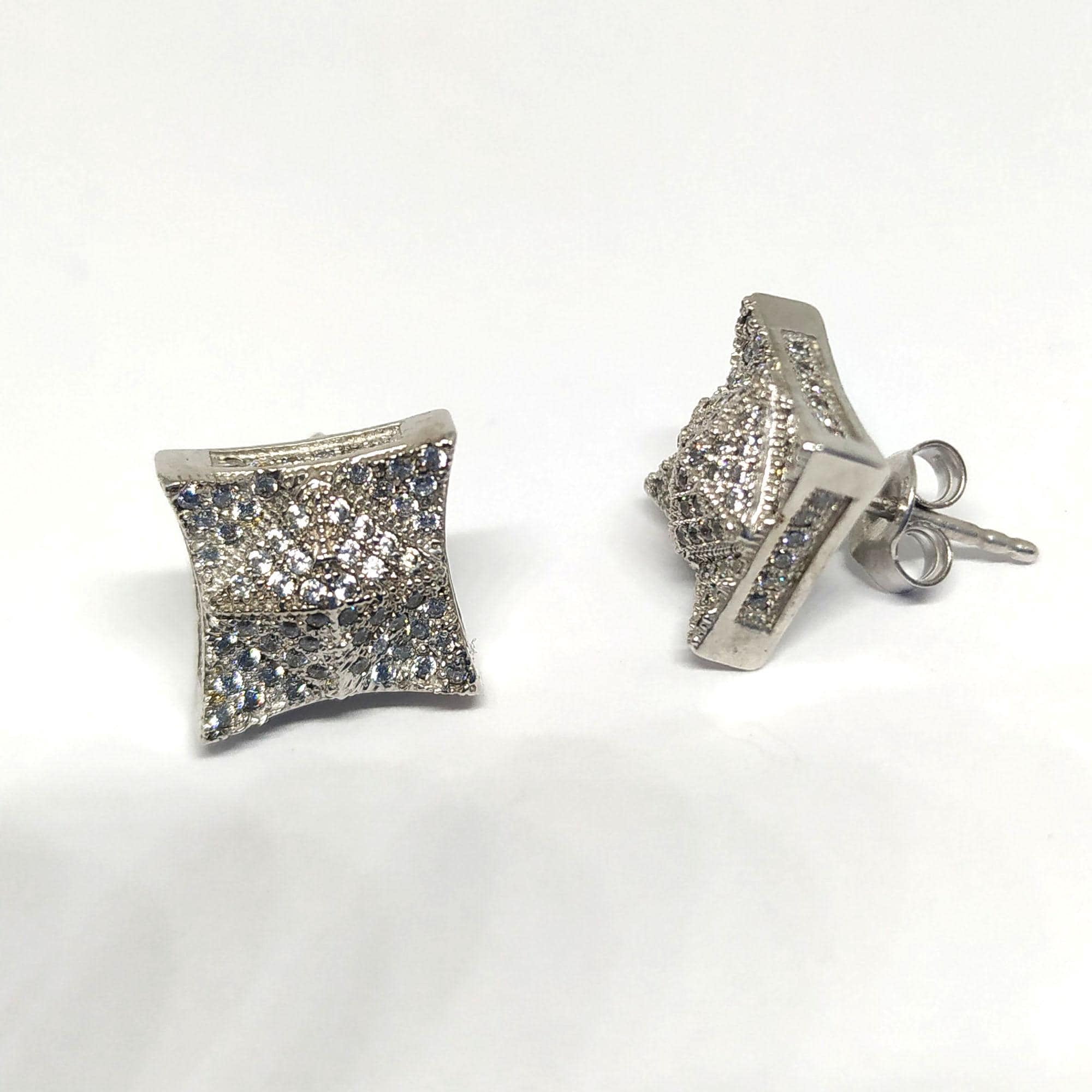 14K White Gold Plated Brass 1Ct Round Cut Clear CZ Men's Square Stud Earrings, Micro Pave CZ Stud Earrings Kite Shape Square Stud Earrings